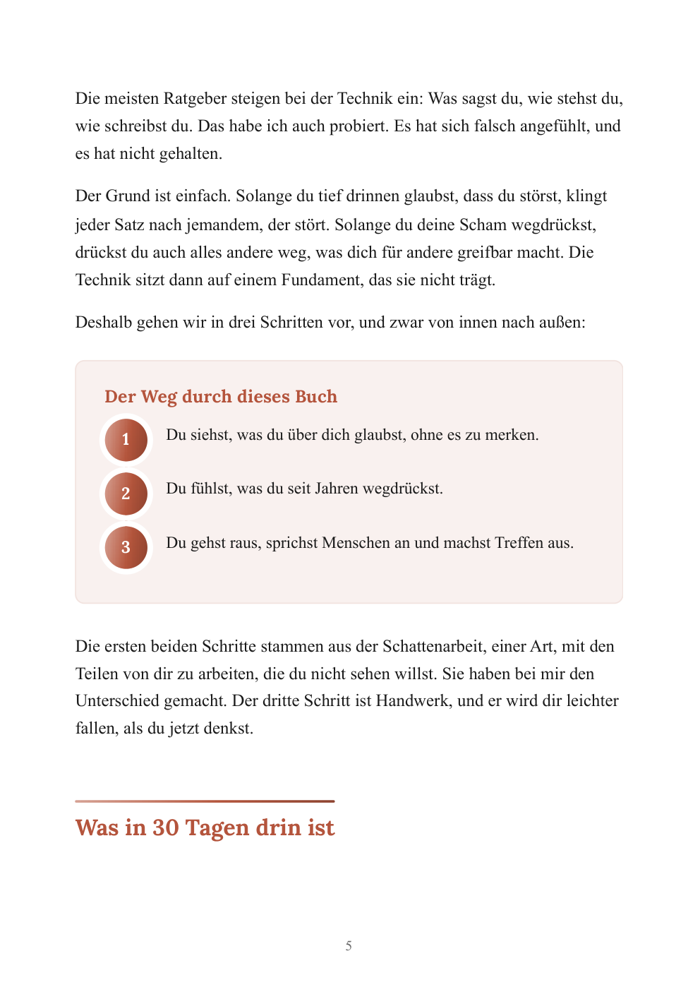 Seite 5 des Buchs: der Weg durch das Buch in drei Schritten und die erste Handlung für heute