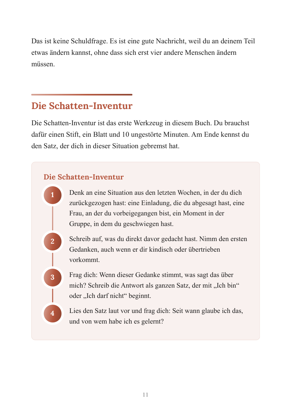 Seite 11 des Buchs: die Schatten-Inventur als Schritt-für-Schritt-Kasten